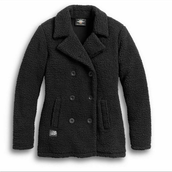 Harley-Davidson Jackets & Blazers - Harley Davidson Women's Sherpa Fleece Coat Knit Black Deep Pile Peacoat Size 2XL